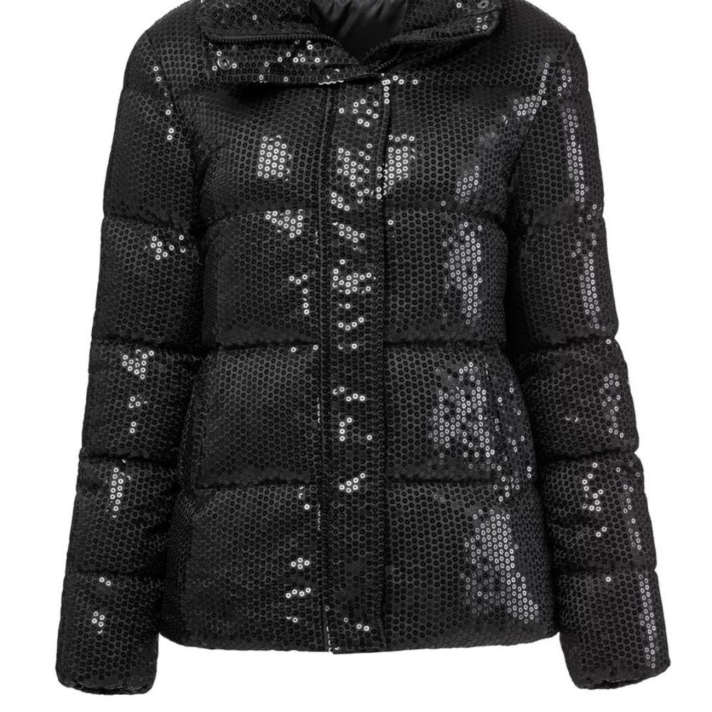 NWT Unreal Fur Black Sequin Puffer Jacket Front Zip High Collar Sz XS - Picture 12 of 16